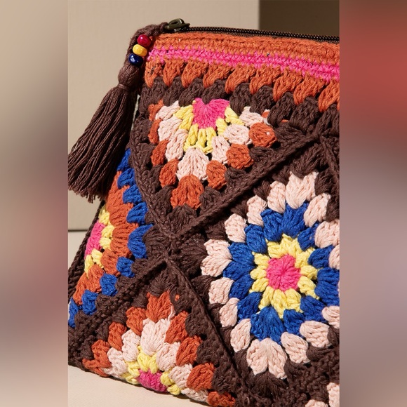 Crochet Handmade brown beaded beaded boho bohemian zip clutch purse tote - Picture 3 of 7